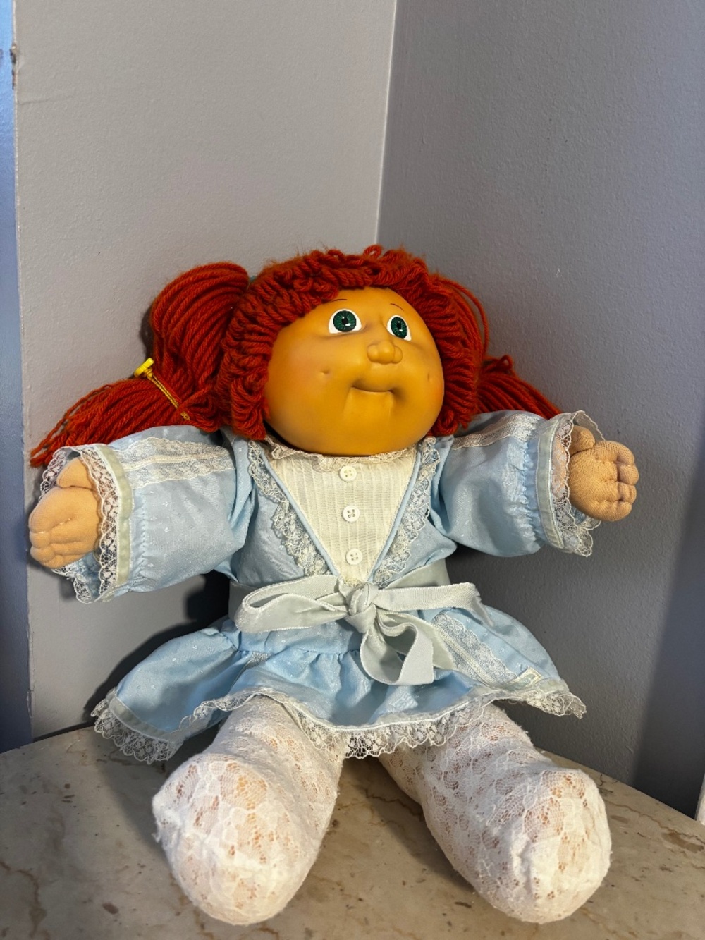 Vintage 1980s Cabbage Patch Kids Doll – Red Hair & Blue Lace Dress